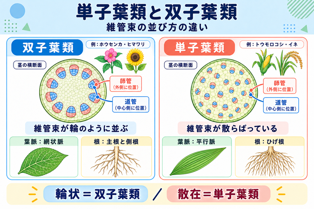 単子葉類と双子葉類の維管束の違い