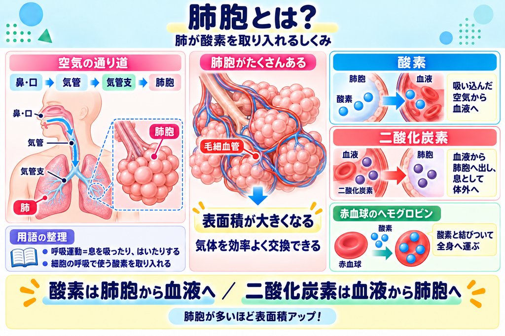 肺胞で気体を交換するしくみ