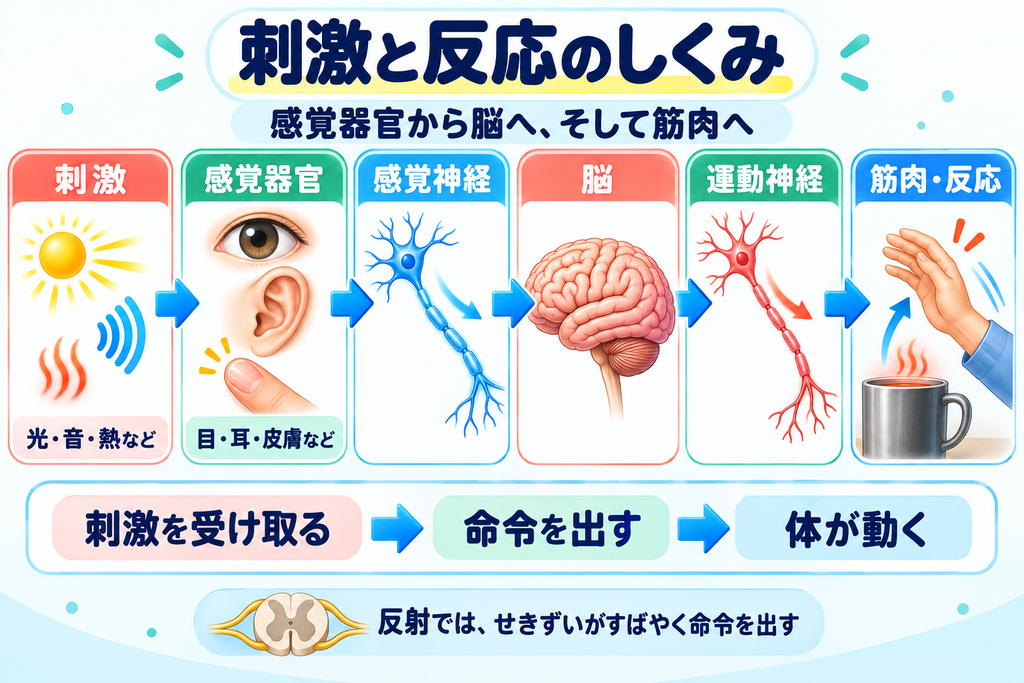 刺激から感覚器官・感覚神経・脳・運動神経を経て反応するまで
