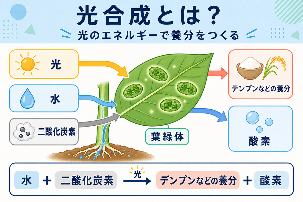 光合成の材料・行われる場所・できるものの画像