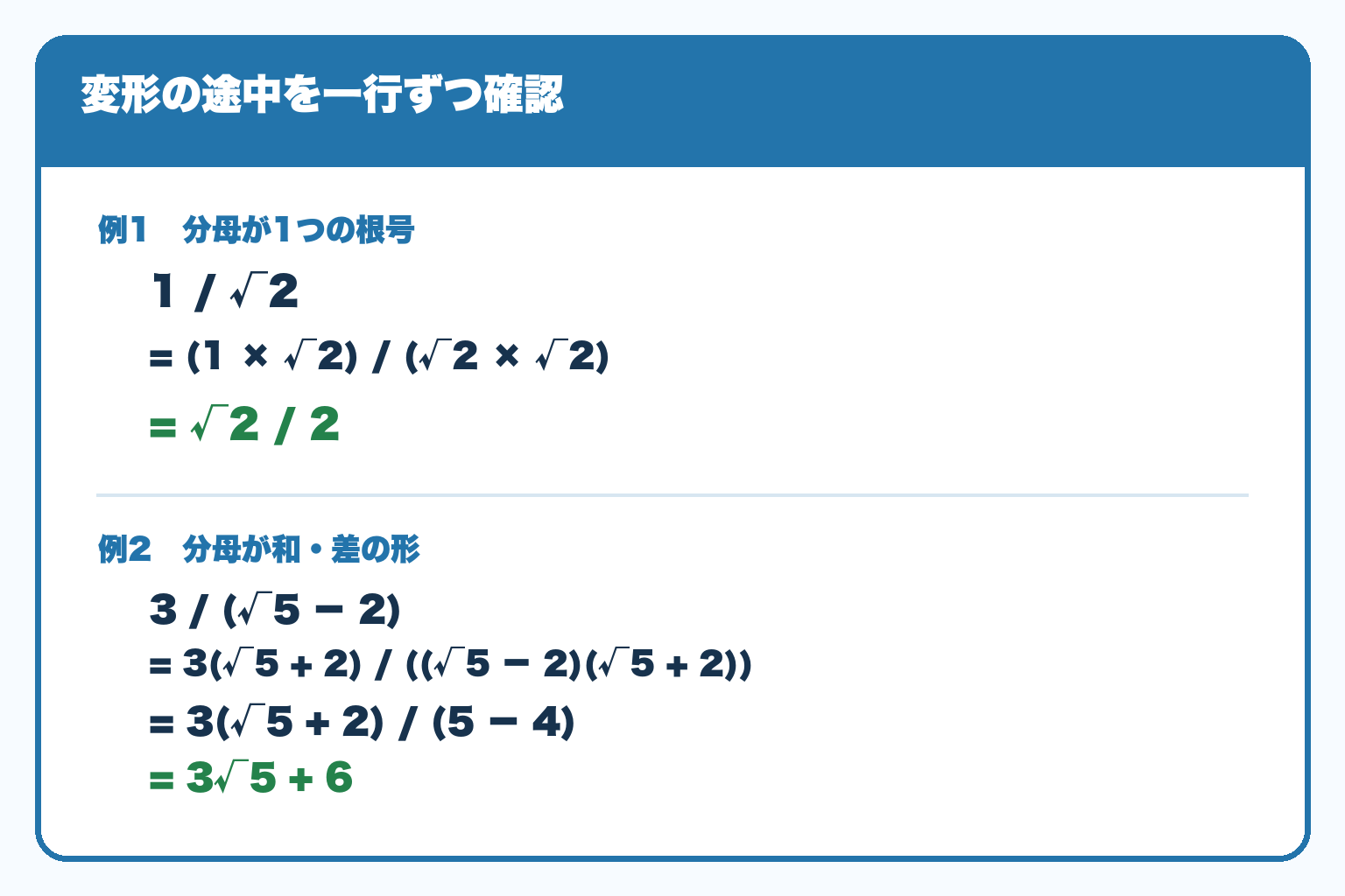 分母が√2の例1/√2＝√2/2と、分母が√5−2の例3/(√5−2)＝3√5＋6を途中式つきで示す。