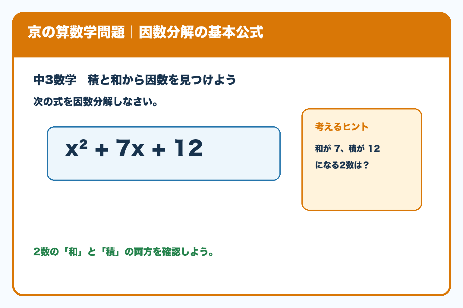 中3数学の因数分解問題 x²＋7x＋12。和が7、積が12になる2数を探すヒント付き。