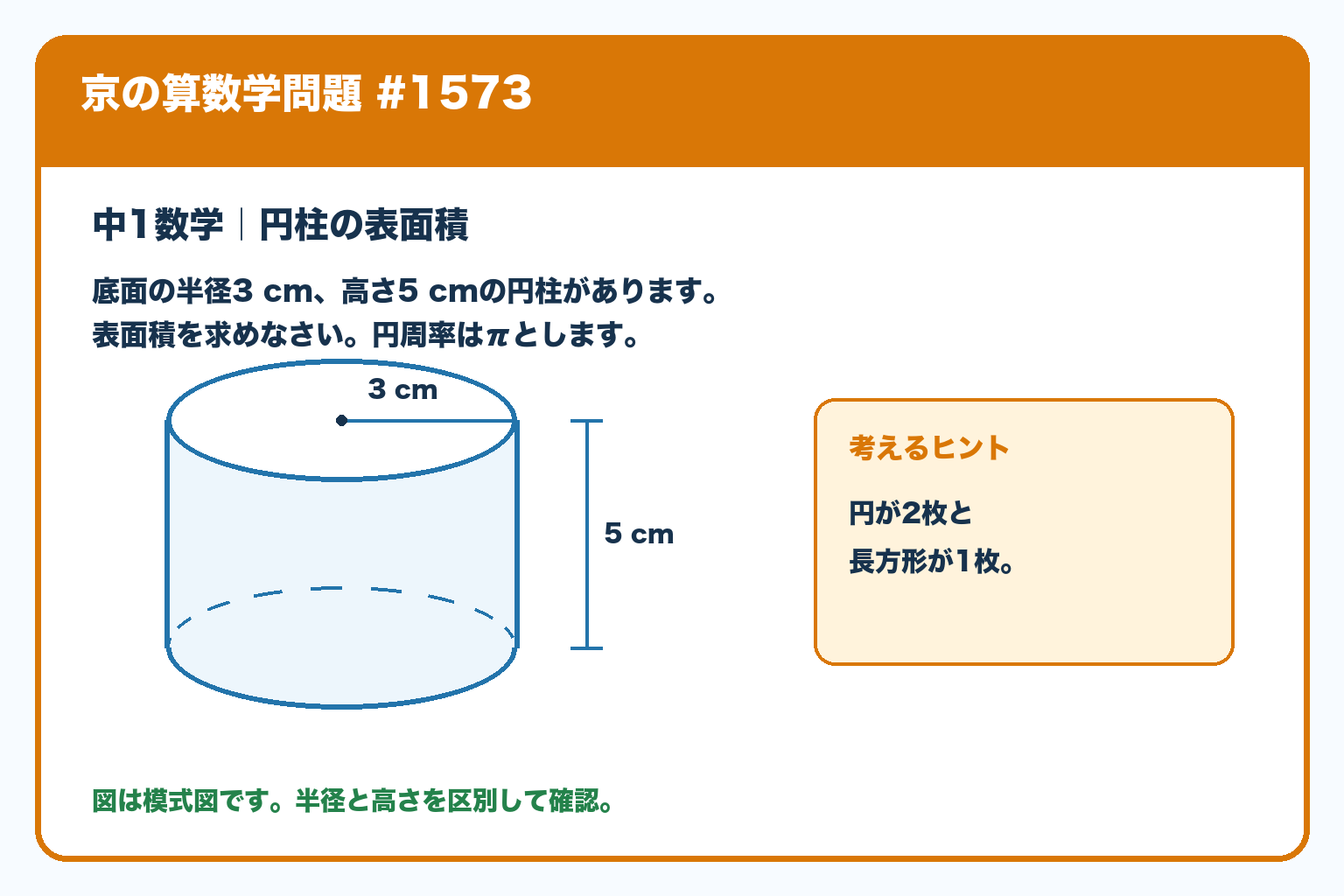 半径3cm、高さ5cmの円柱の表面積を求める問題。円周率はπとする。