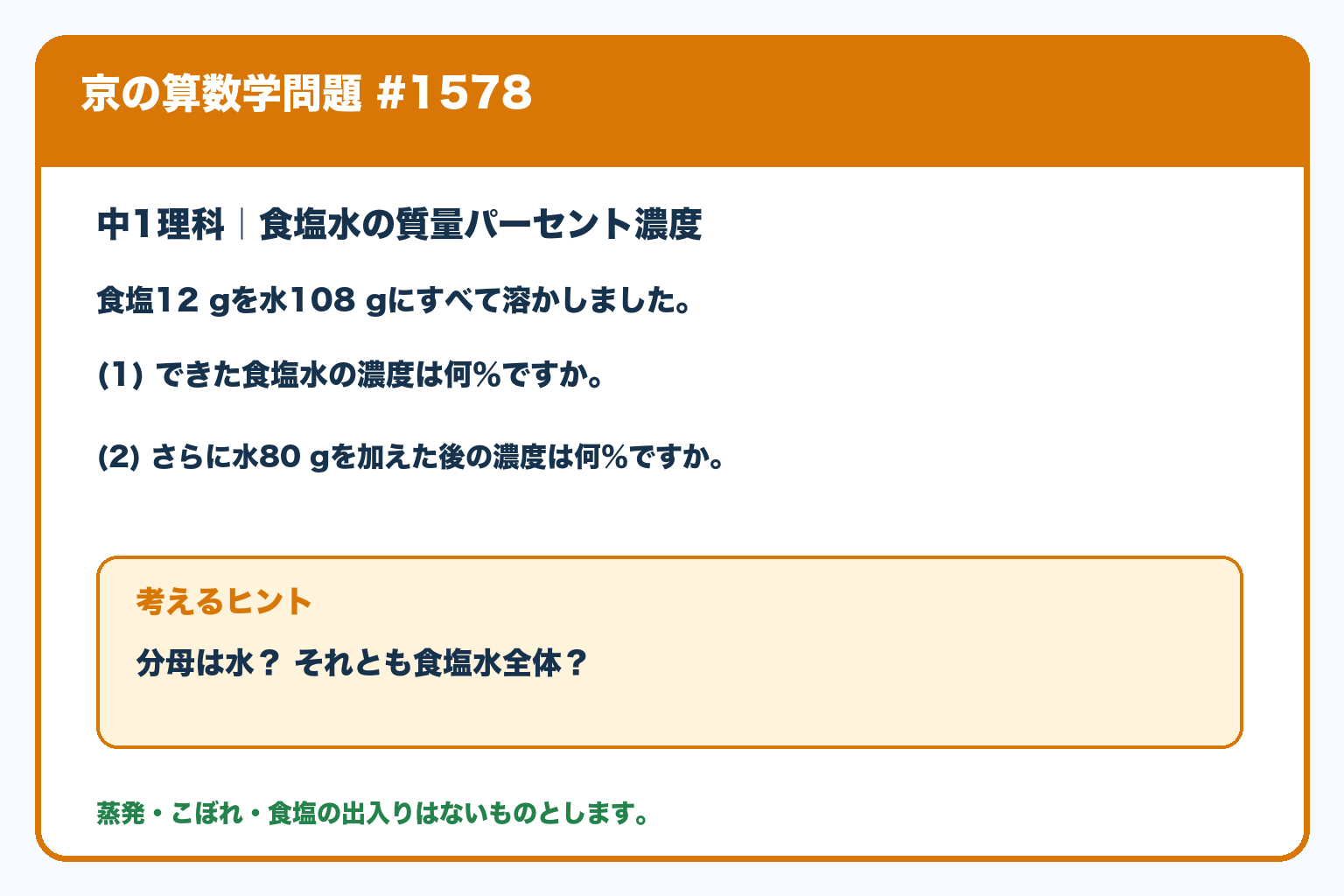 食塩12gを水108gにすべて溶かした食塩水の濃度と、さらに水80gを加えた後の濃度を求める問題。蒸発やこぼれはない。