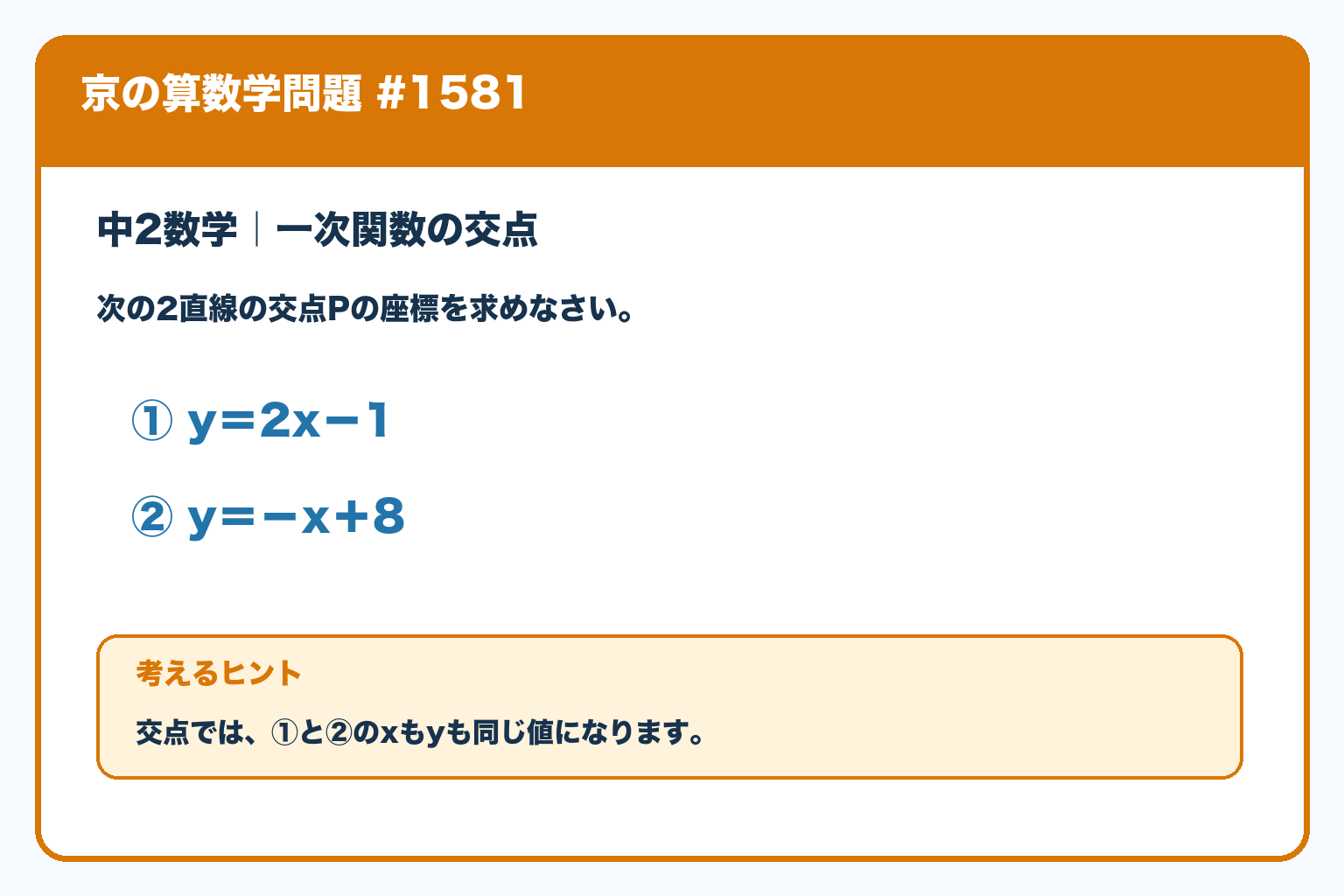 2直線①y＝2x−1、②y＝−x＋8の交点Pの座標を求める問題。交点ではxもyも同じ値になる。